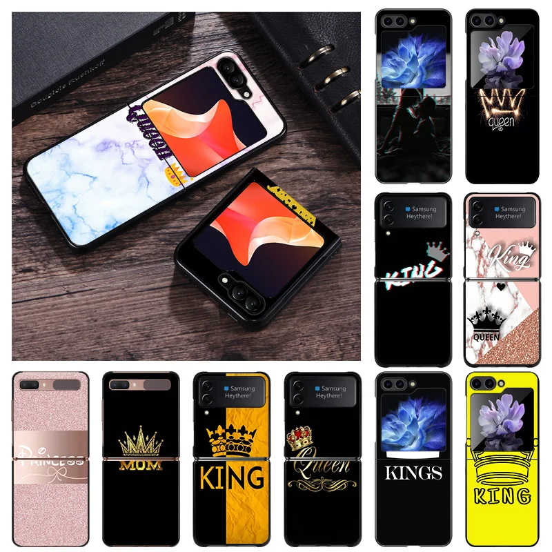 Matte Phone Case For Samsung Galaxy Z Flip6 5G Flip5 Flip4 Flip3 ZFlip 6 3 4 5 King Queen Marbel crown Hard Black Cover