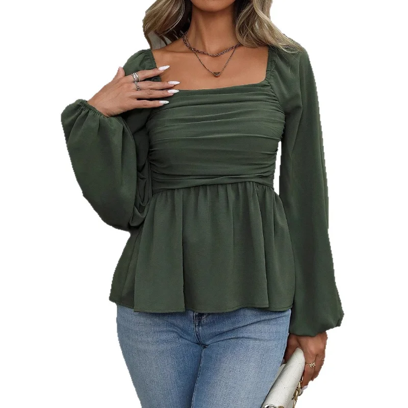 

Женская модная плиссированная рубашка с квадратным вырезом и длинным рукавом, облегающий однотонный топ для поездок на работу