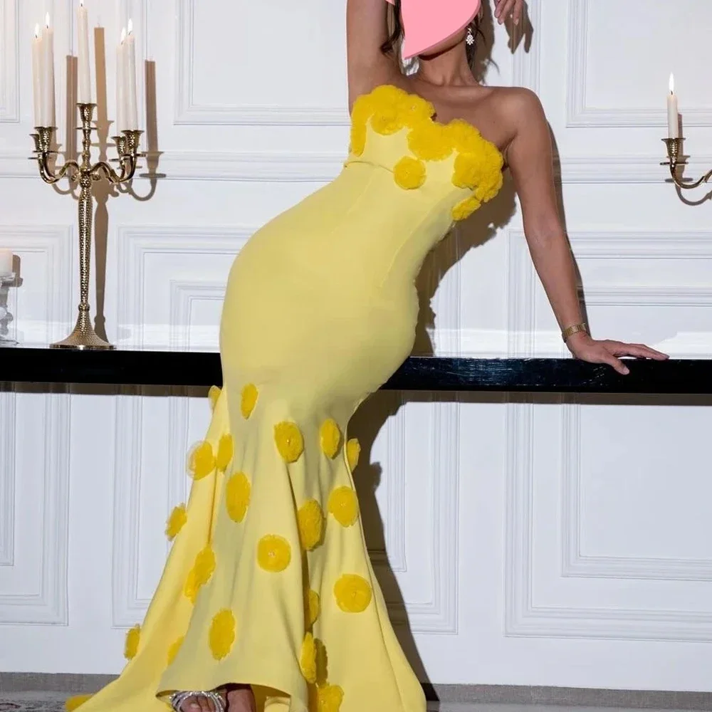 

Customized Dress Elegant Vintage Sweet Yellow Mermaid Flowers Strapless Customize Formal Occasion Prom Dress Evening Party Gowns