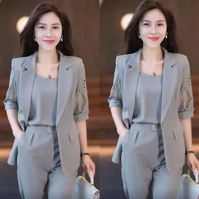 Fashion Set Women's Spring/Summer New Western Style Age Reducing Hollow Short Sleeve Temperament Three Piece Set