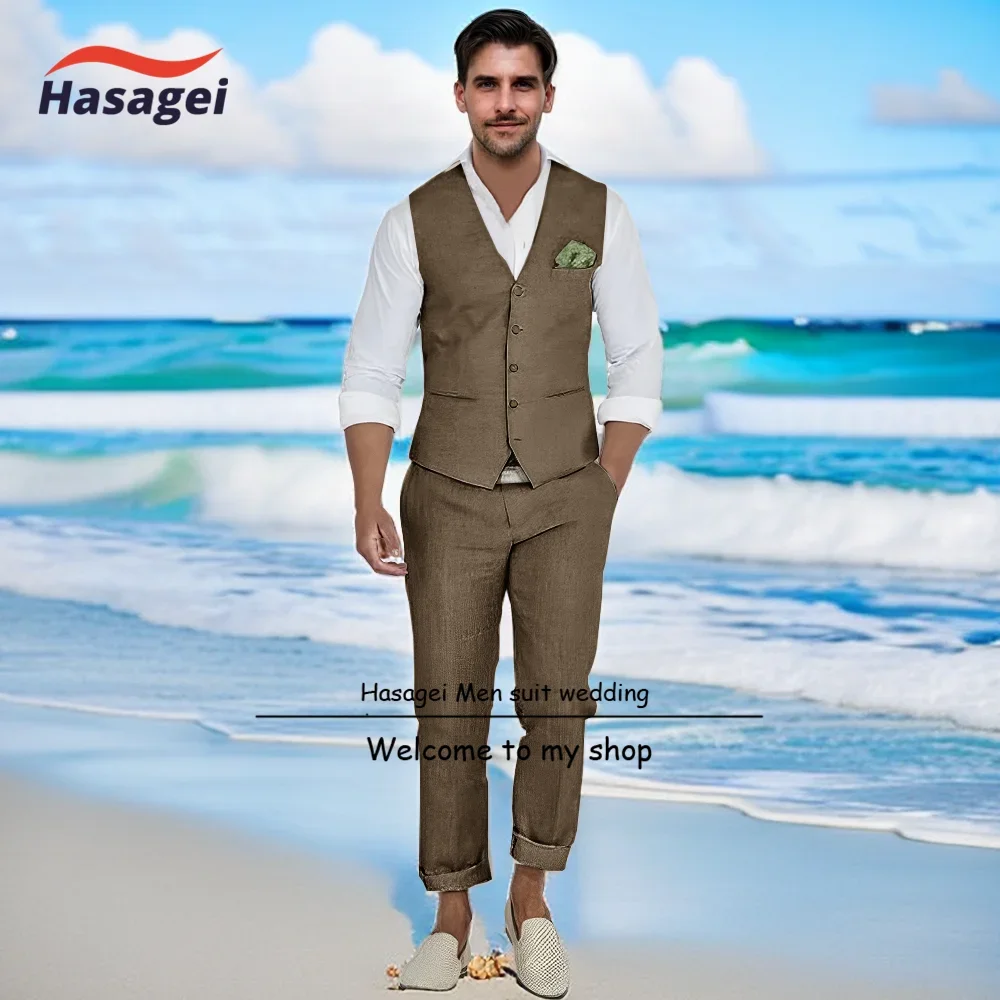 Men\'s Linen Suits 2 Pieces Slim Fit Suit Prom Tuxedos Beach Wedding Groomsman Vest & Pants Set Casual Summer Linen Outfit