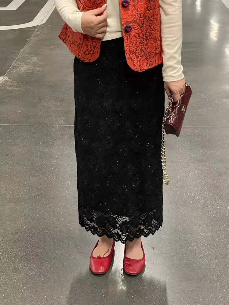 

Элегантная черная юбка А-силуэта с вырезами для женщин, весна 2026, новый дизайн, большие размеры, модная универсальная женская юбка