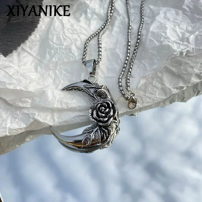 XIYANIKE Gothic Big Moon Rose Flower Pendant Necklaces For Men Women Vintage Fashion New Jewelry Gift Party collares para mujer