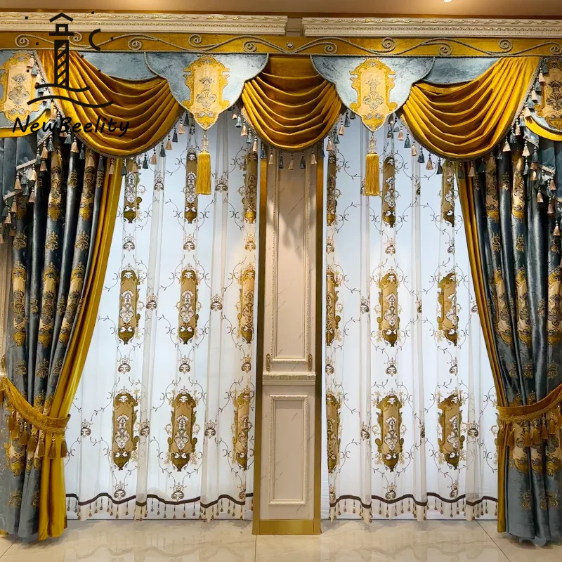 

European Style High-end Luxury Velvet Cloth Embroidered Curtains for Living Room Bedroom Dining Balcony Blackout Retro Decor