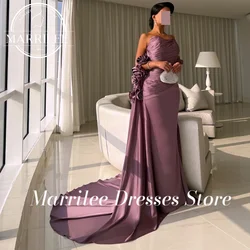 Marrilee Strapless Satin Solid Color Sweep Train 3D Flowers Zipper Back Chapel Train A-Line Elegant Luxury Evening Dress