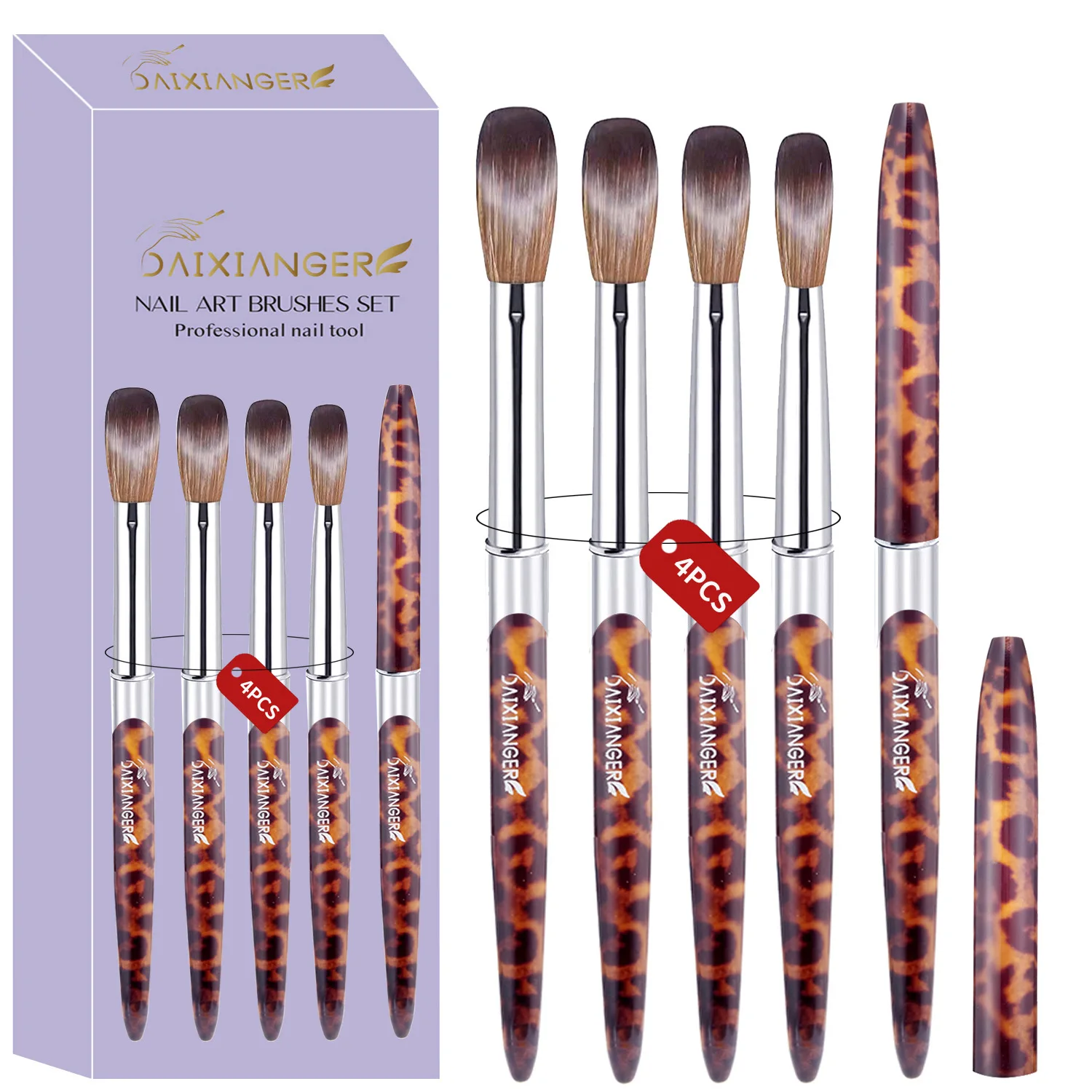 Hete Verkopende Nagelborstelset, Nieuwe Luipaardprint Nagelkristal Carving Pen, 4 Kleuren Schilderborstels