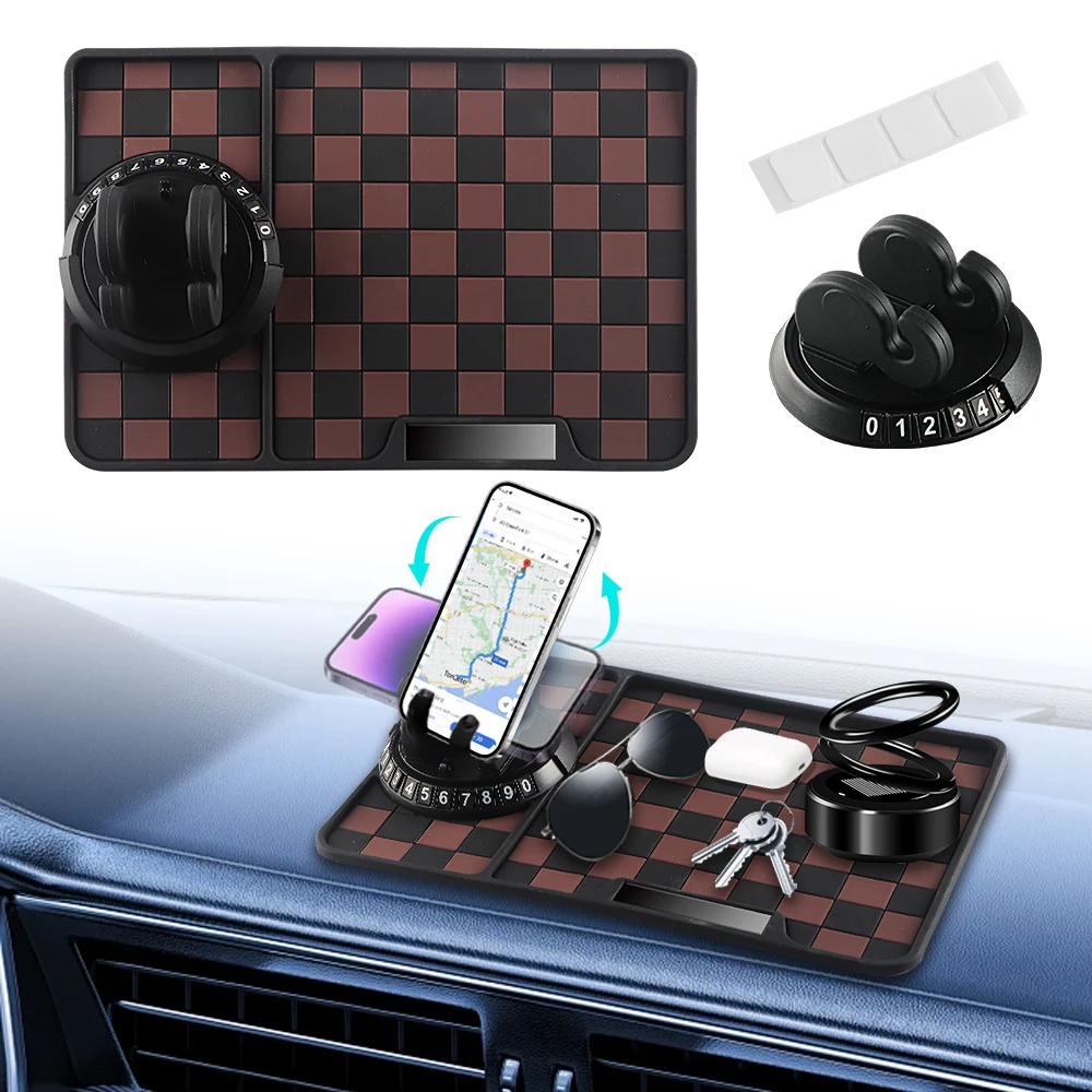 1PC Gray Brown Plaid Car Non Slip Mat With Phone Holder Universal Storage 360 Degree Rotating Navigation Support Instrument Mat