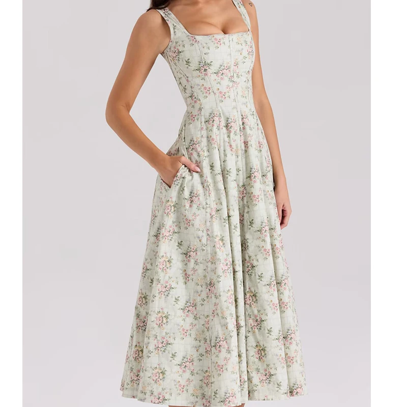 2025 ผู้หญิง Lace Up BANDAGE กลับดอกไม้พิมพ์ชุด A-Line Midi สแควร์คอวันหยุดฤดูร้อน Dresses PARTY Robe
