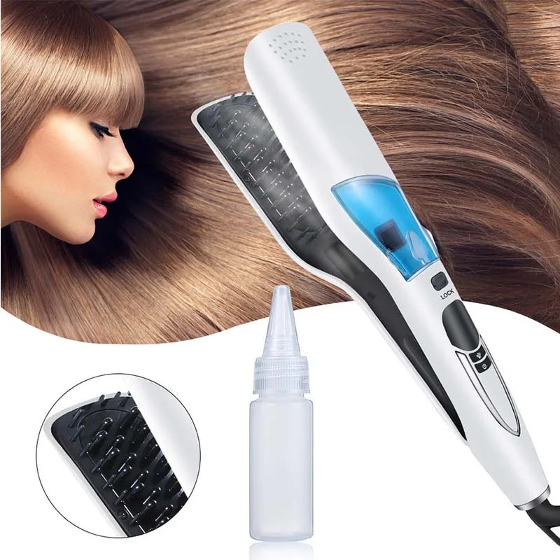 Professional Heating Hair Straightener Brush Dual Voltage Titanium Hot Comb Steam Flat Iron 2 in 1 Hair Curling Styling Tool