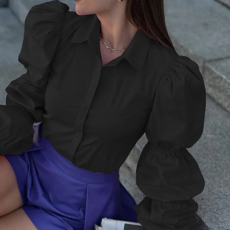 2023 Fashion Lantern Long Sleeve Shirt Tops Women Lapel Single-breasted Loose Shirt Chic Spring Office Lady Solid Color Blouse