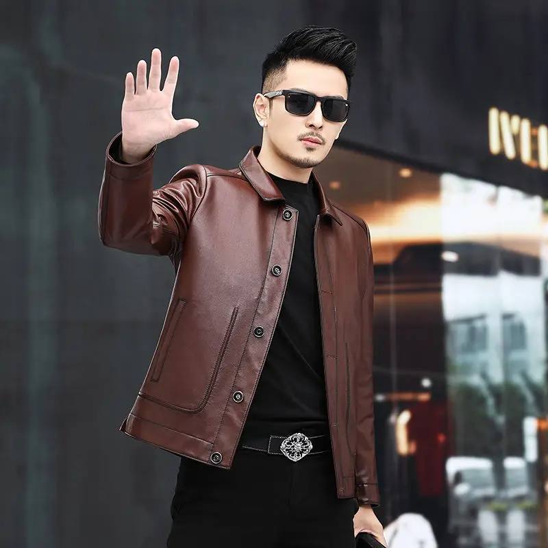 

2022 Men Spring Autumn New Genuine Cowhide Jackets Male Real Cow Leather Outerwear Men's Lapel Slim Fit Motorcycle Coats N96