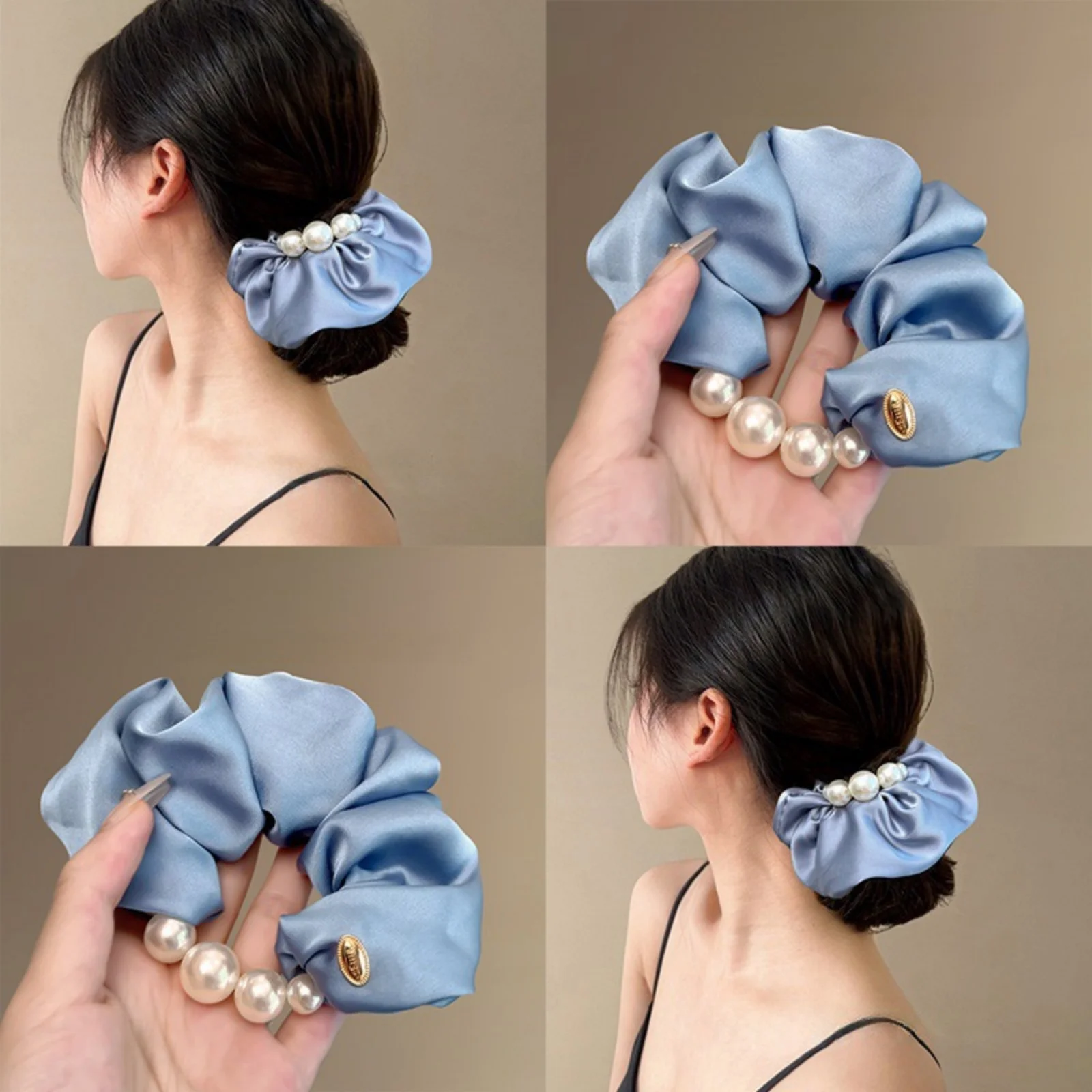 Chouchou en Satin bleu avec décor de perles, accessoire de cheveux élégant pour femmes, cravate de cheveux Chic pour un usage quotidien et de fête, 1 pièce