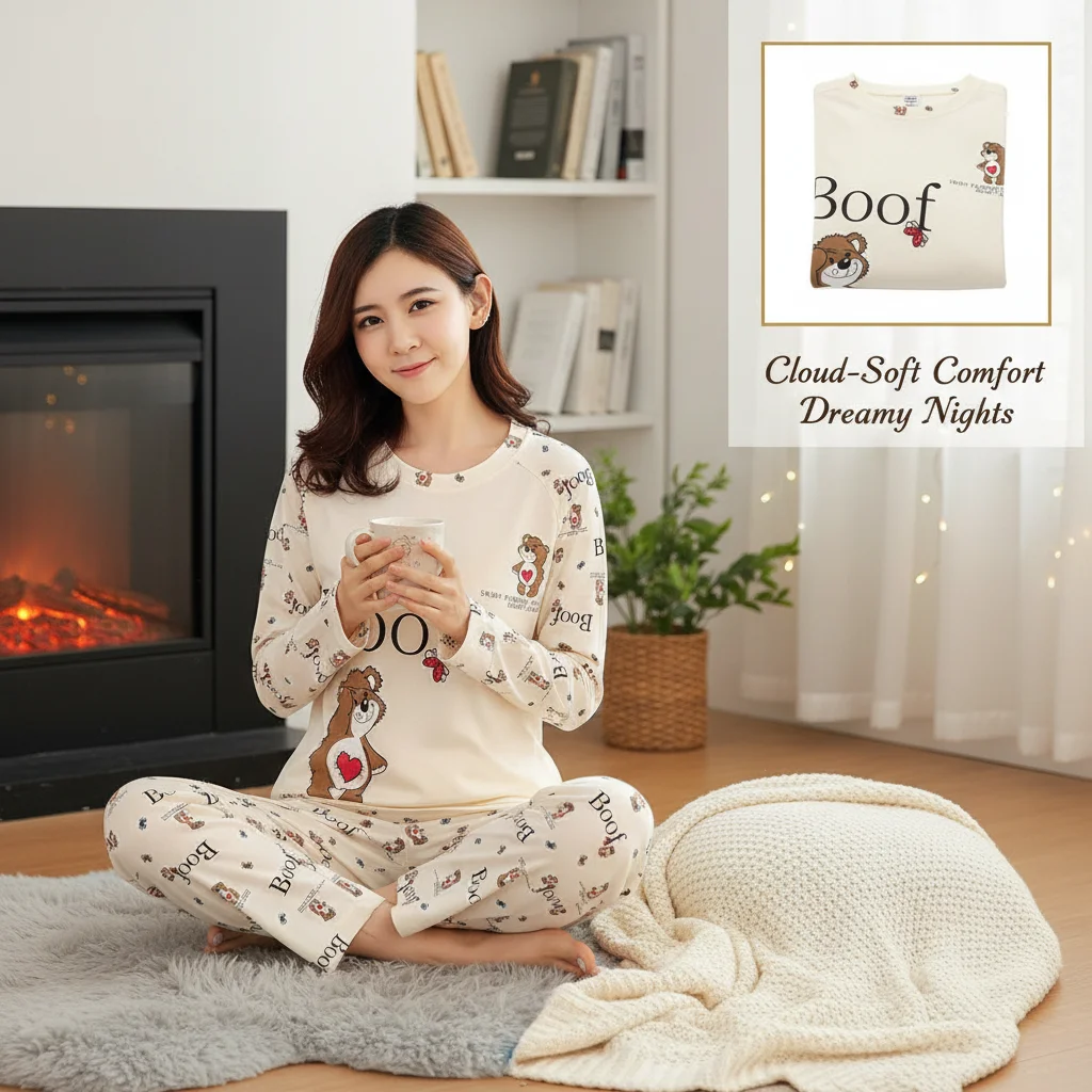 Autumn Thin 2pieces Pyjamas Set Women 2025 Round Neck Girls Bear Pajamas Sets Teacup Cat Full Sleepwear Tops Lovers Pajama Mujer