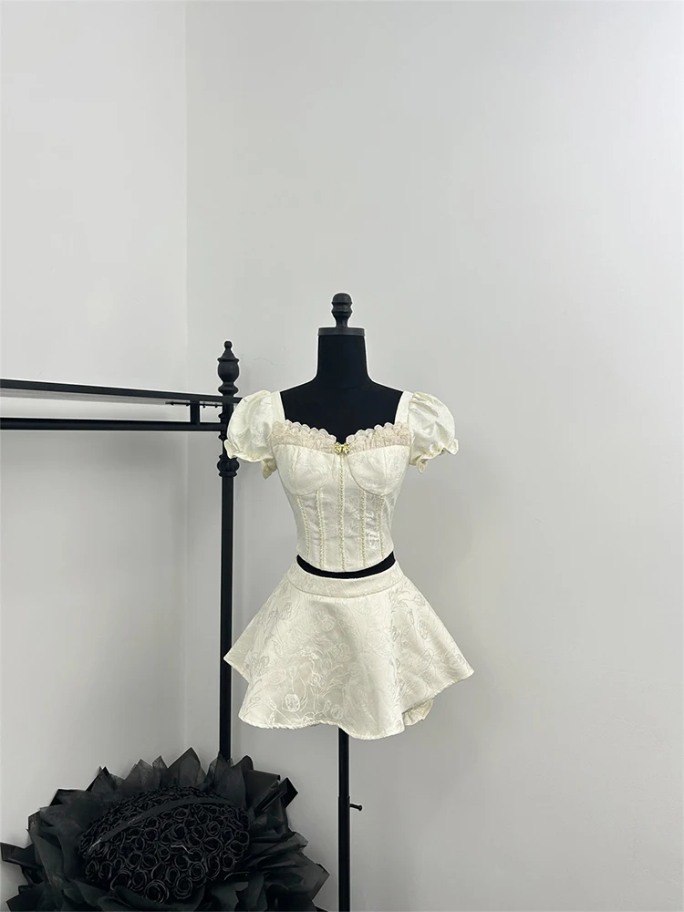 

Summer Women Mori Girl Jacquard Ballet Core Old Money Outfits 2 Piece Set Short Sleeve Lace Square Collar Shirts + Mini Skirt