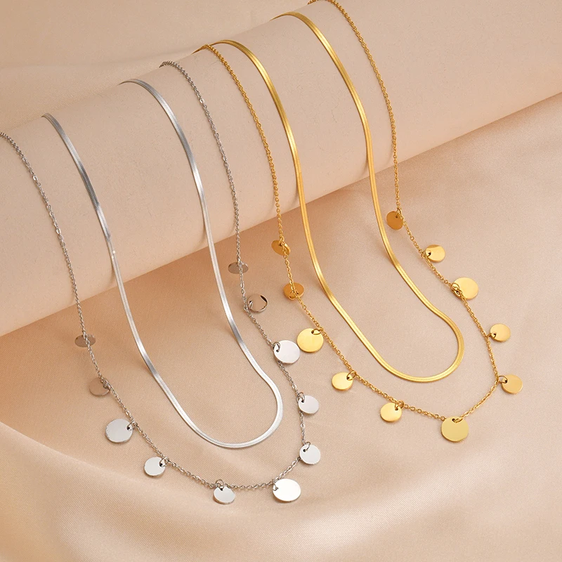 Simple Stainless Steel Snake Chain Necklaces 2 Layers Round Pendants Women Necklace Punk Jewelry Gift