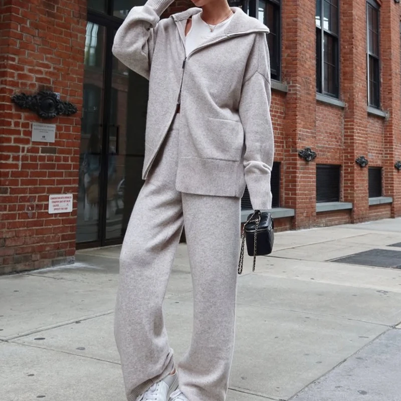 

Knitted Sweater Cardigan Wide Leg Pants Set 2025 Autumn Zipper Two-piece Set