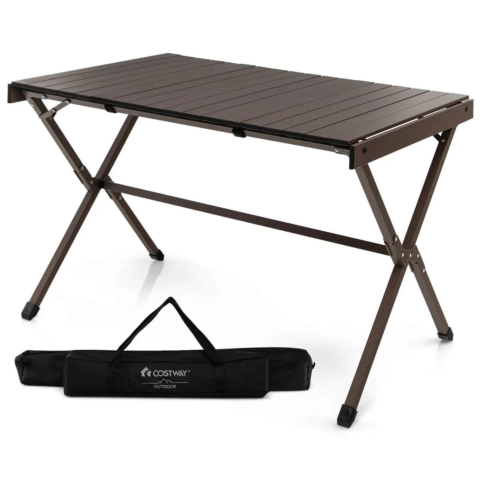 Costway 4-6 Person Portable Aluminum Camping Table Lightweight Roll Up Table Brown