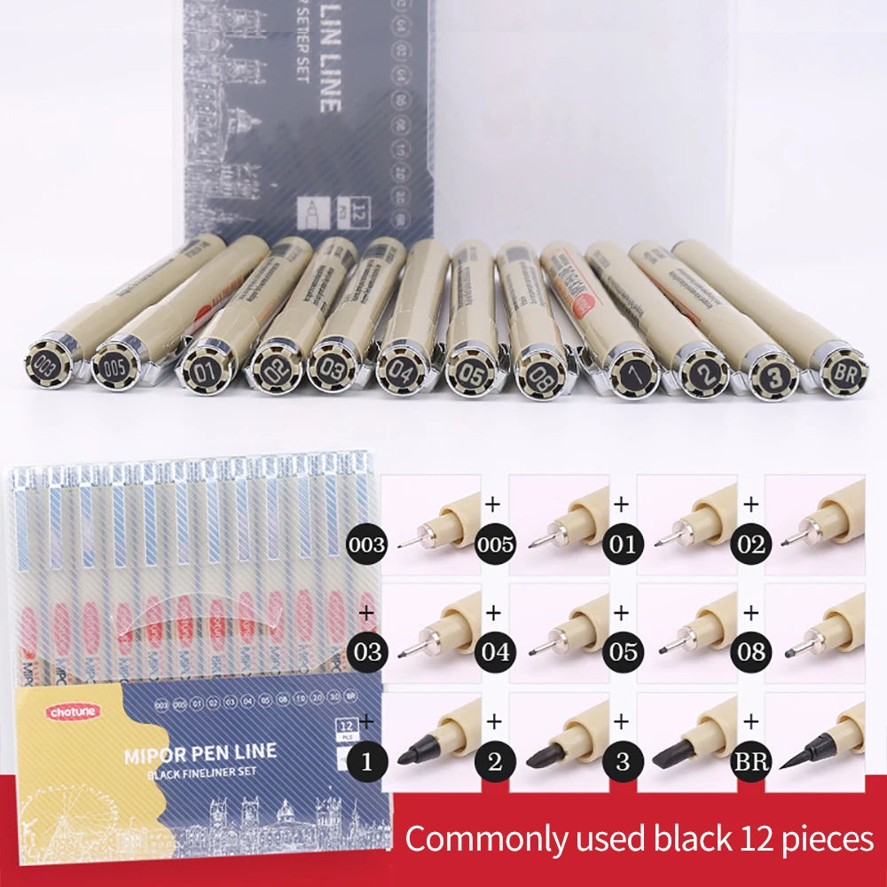 12 Tip Pigment Liner Micron Ink Marker Pen for Manga Draw Sketching Needle Pen Hook Line Pen Sketch Stationery Set Arts Supplies