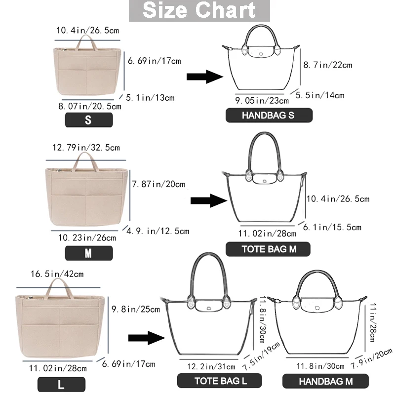 EverToner Insert Bag For Longchamp Women Makeup Organizer Felt Inner Bag liner Travel Organizer Portable Cosmetic Bag Shaper