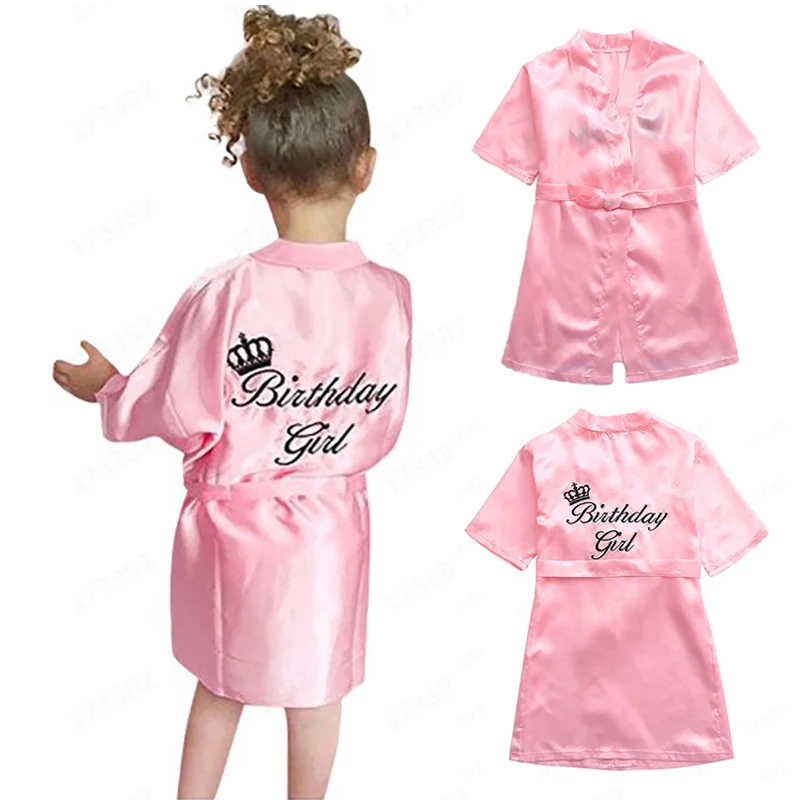 Summer Girls Sleepwear Pink Silk Robe Robes Kids Kimono Bath Towel Robe Wedding Spa Party Birthday Children\'s Clothes 1-5Y