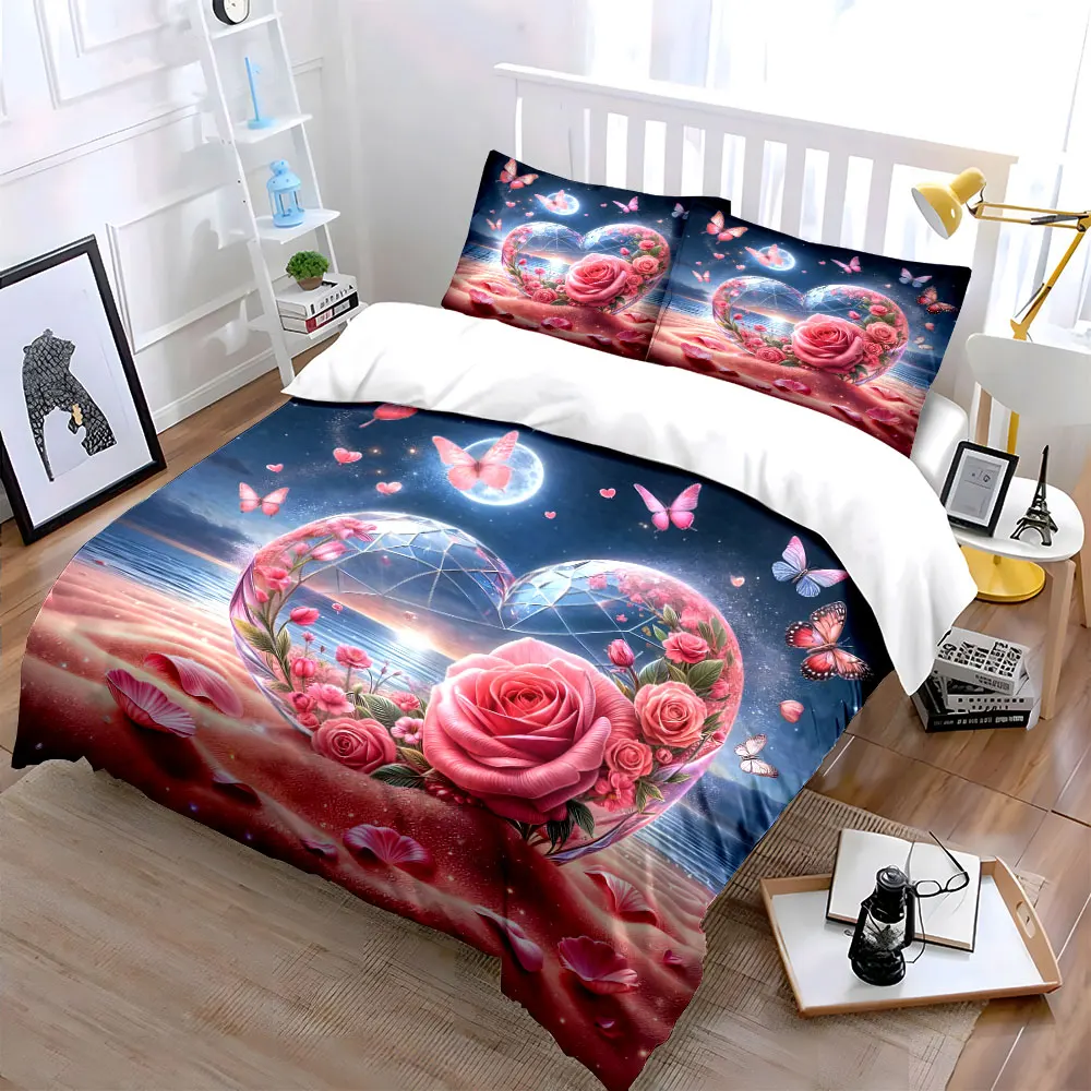 Dreamy Scene with Pink Roses and Butterflies Bedding Set for Kids Luxury Gift 3pcs Digital Print Comforter Set Soft Comfortable