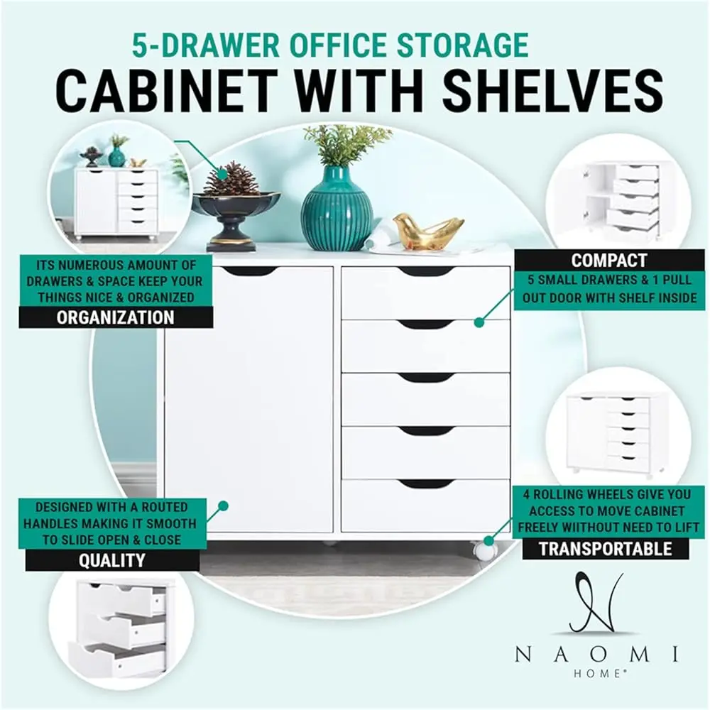 5 Drawer Office Storage File Cabinet With Shelf, Under Desk Storage, Printer Stand With Wheels, 180 Lbs Acity, White