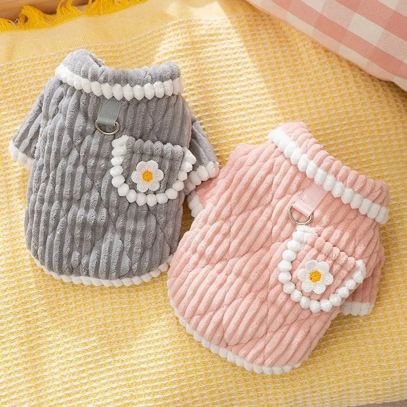 Winter Puppy Dog Clothes Simple Flower Pocket Two Legs Cotton Coat Thickened Warm Teddy Bikini Bear Clothing Pet Cute Coat