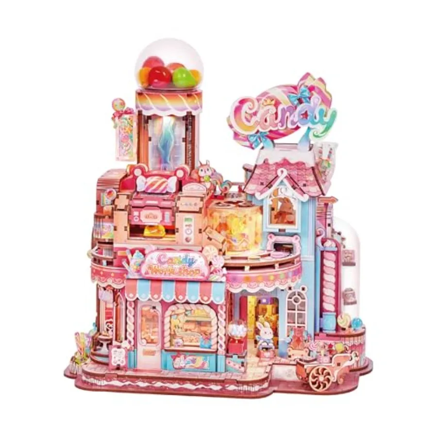 

3D Wooden Puzzle for Adults- Candy Workshop, Mechanical Transmission Model Kit, Dynamic DIY Building Set with Music and Lights,