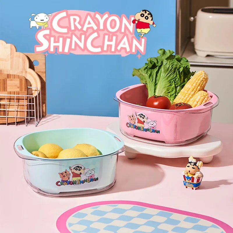 Cartoon Crayon Shin-Chan Double Layer Vegetable Washing Basket Anime Household Colander Cute Portable Plastic Kitchen Sink