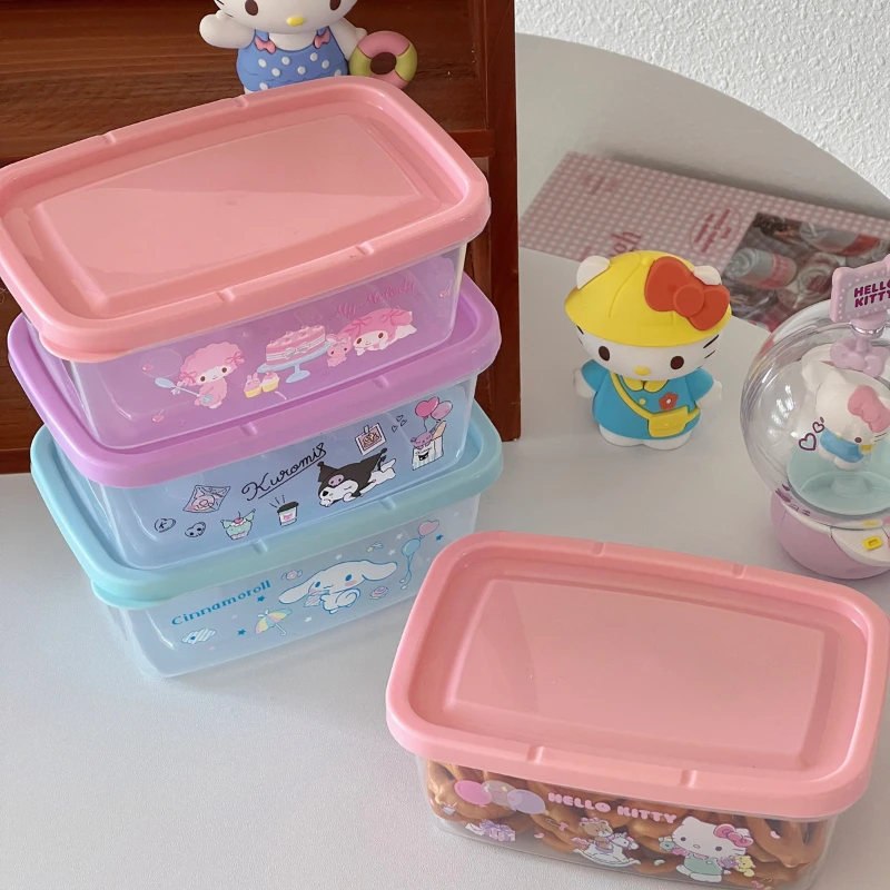 Sanrio's New Kawaii Cinnamoroll Kuromi My Melody Hello Kitty Crisper 2-piece Set Refrigerator Storage Snack Biscuits Sealed Box