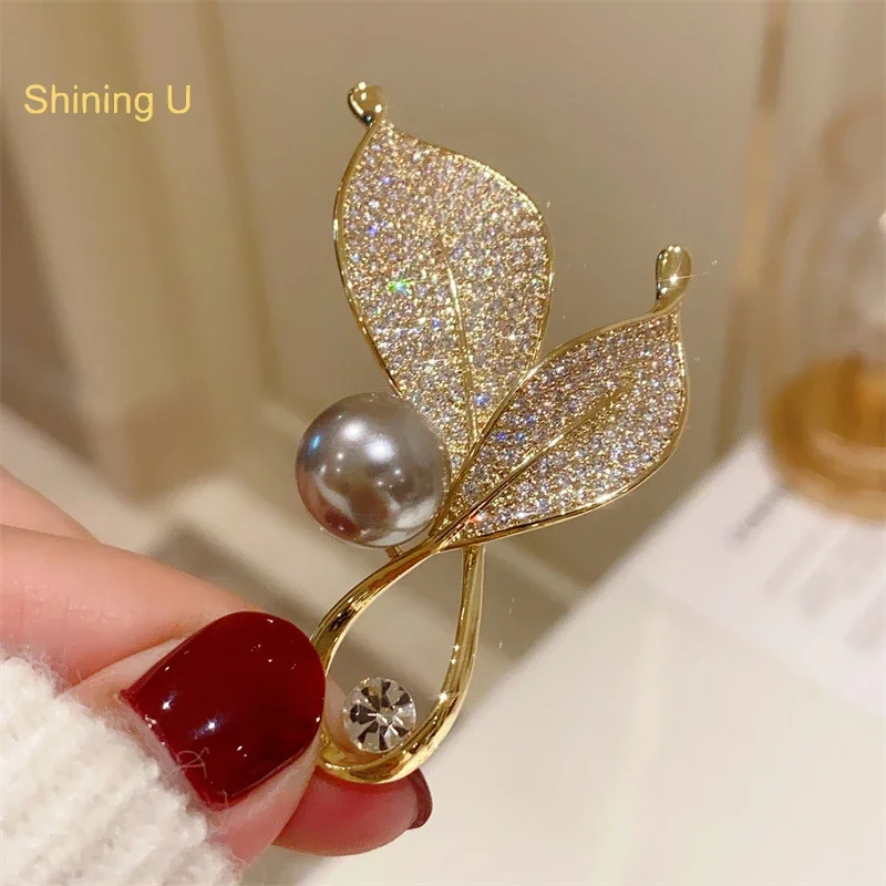 

Shining U Cubic Zirconia Leaf Grey Pearl Brooch for Women Fashion Accessory for Suit Gift