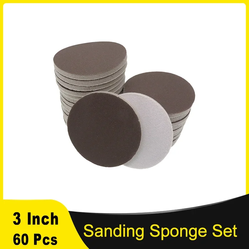 3 Inch 75MM Hook and Loop Sanding Sponge Set 60 Pcs 600 - 1200 Grit Sanding Disc Wet Dry Polishing for Car Wood Drywall Metal
