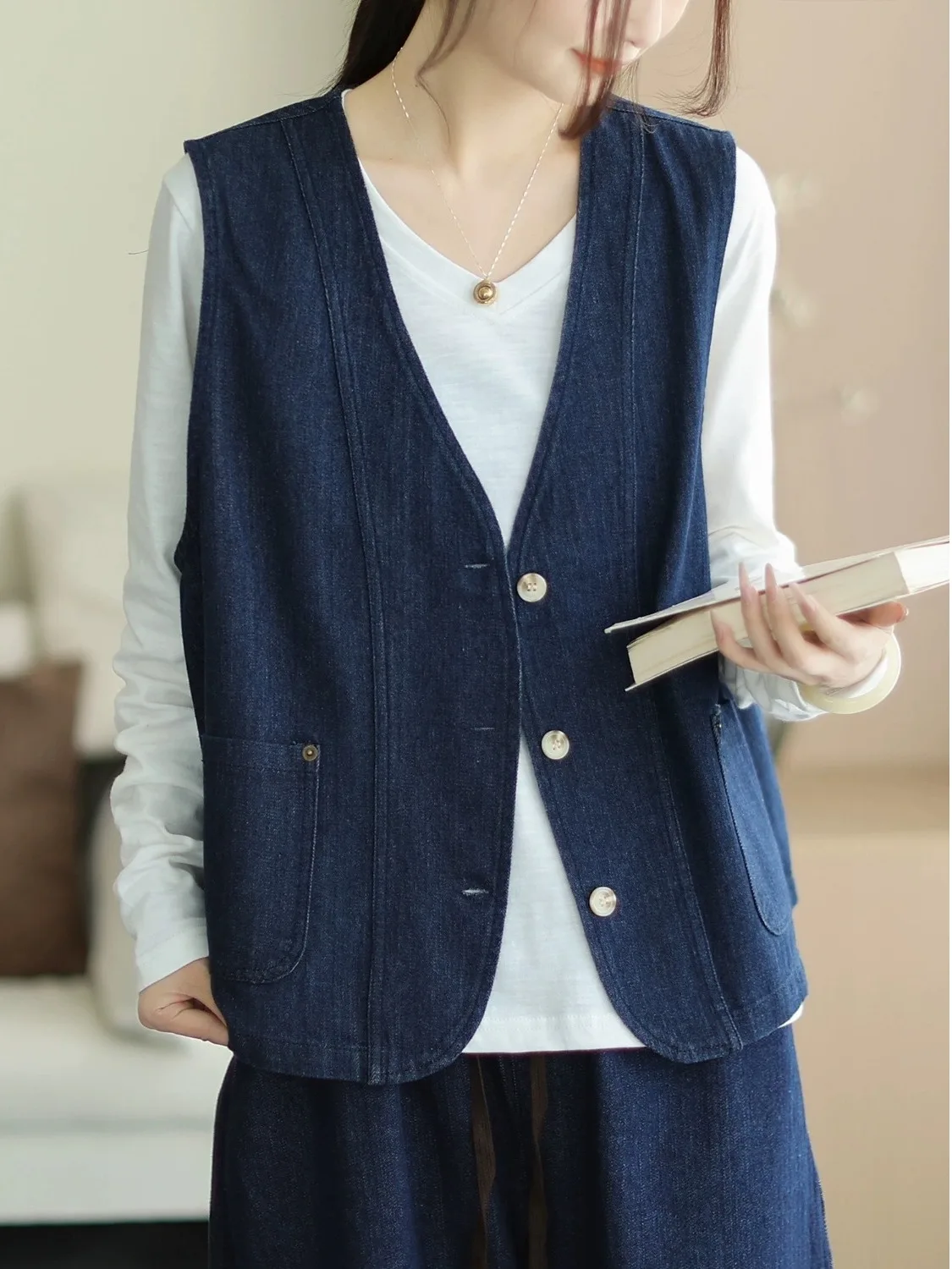 

Simple V-Ne Denim Jaet Women's ort Sve Vest Faionable Casual Sle Regular Thin Water Waed Proc