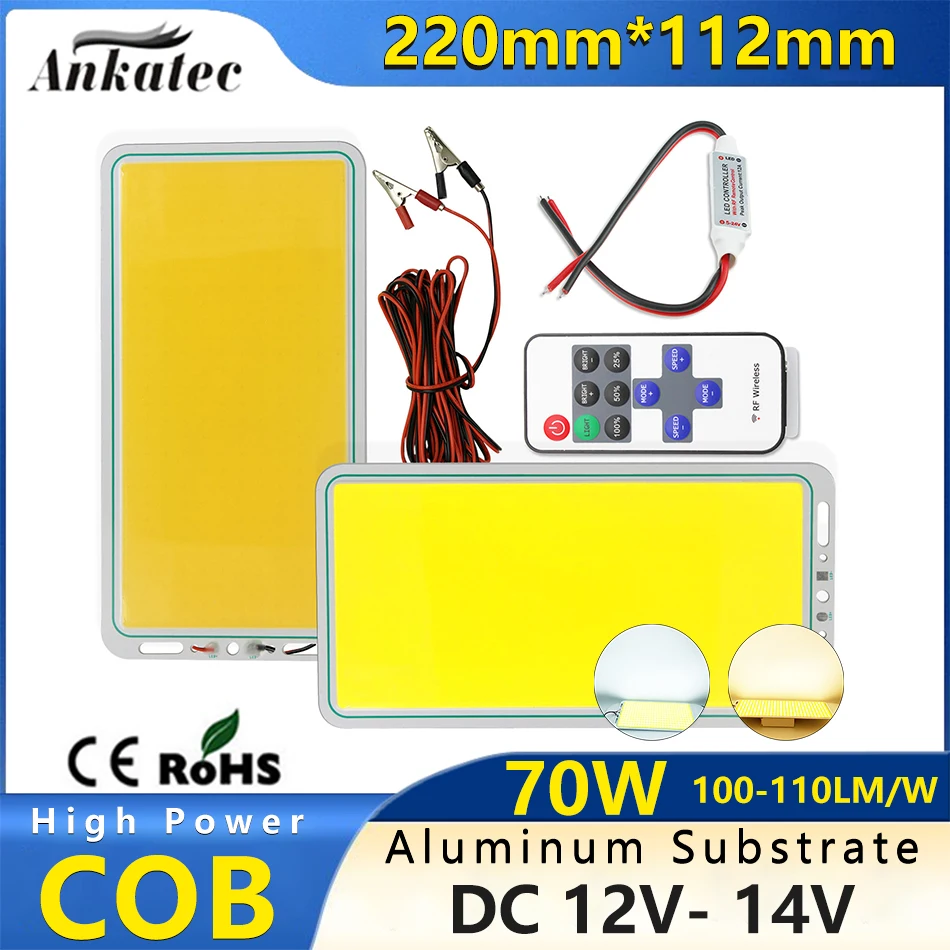 

New High Power 70W DC 12VLED COB Face Light Source Panel 220*112mm for Outdoor Waterproof Camping Tent Carpet Fishing Light Lamp