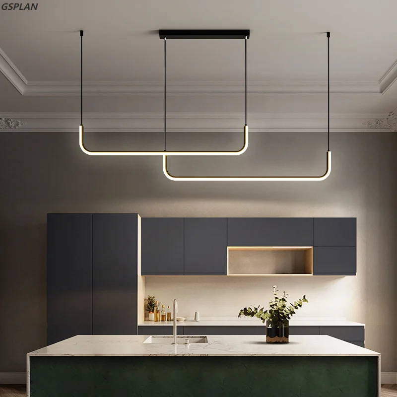 

Modern Led Pendant Light For Restaurant Kitchen Island Minimalist Design Indoor Lighting Decorate Black Line Hanging Chandelier