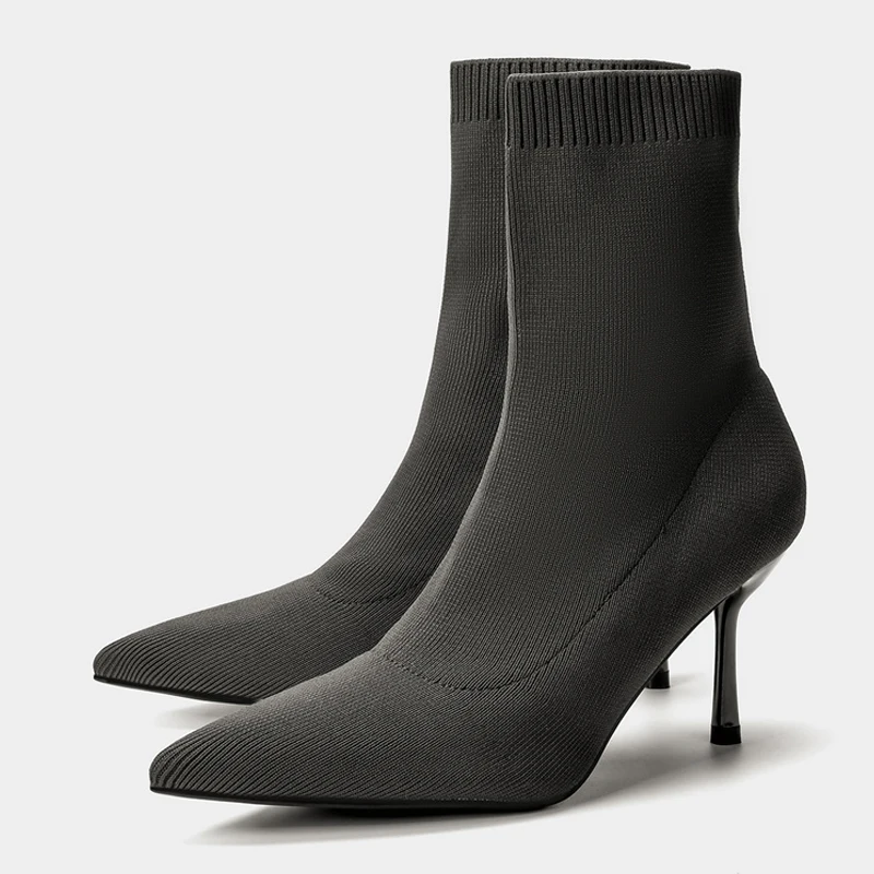 

Дизайнерские женские серые ботильоны Liyke из эластичной трикотажной ткани, элегантные остроносые ботильоны на высоком каблуке для вечеринок и выпускных вечеров, размер 40