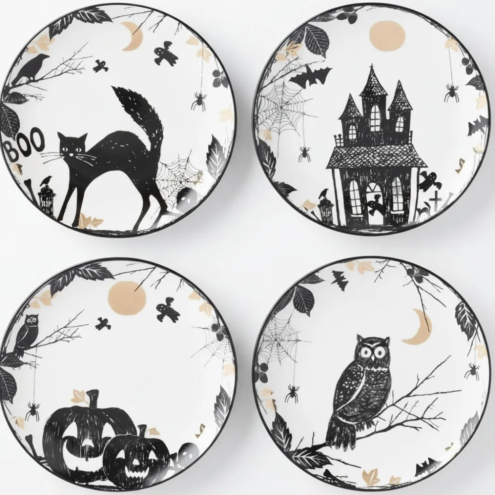

Винтажные тарелки с акцентом на Хэллоуин, набор из 4 фарфоровых тарелок, можно мыть в посудомоечной машине и микроволновой печи, жуткий декор для дома