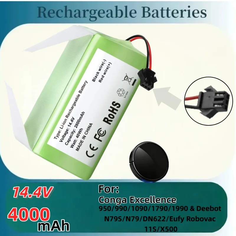 بطارية ليثيوم أيون 14.8 فولت 2600 مللي أمبير-4000 مللي أمبير في الساعة - قطع غيار موثوقة لنماذج Conga Excellence 950/990/1090/1790/1990 & Deebot/Eufy Robovac