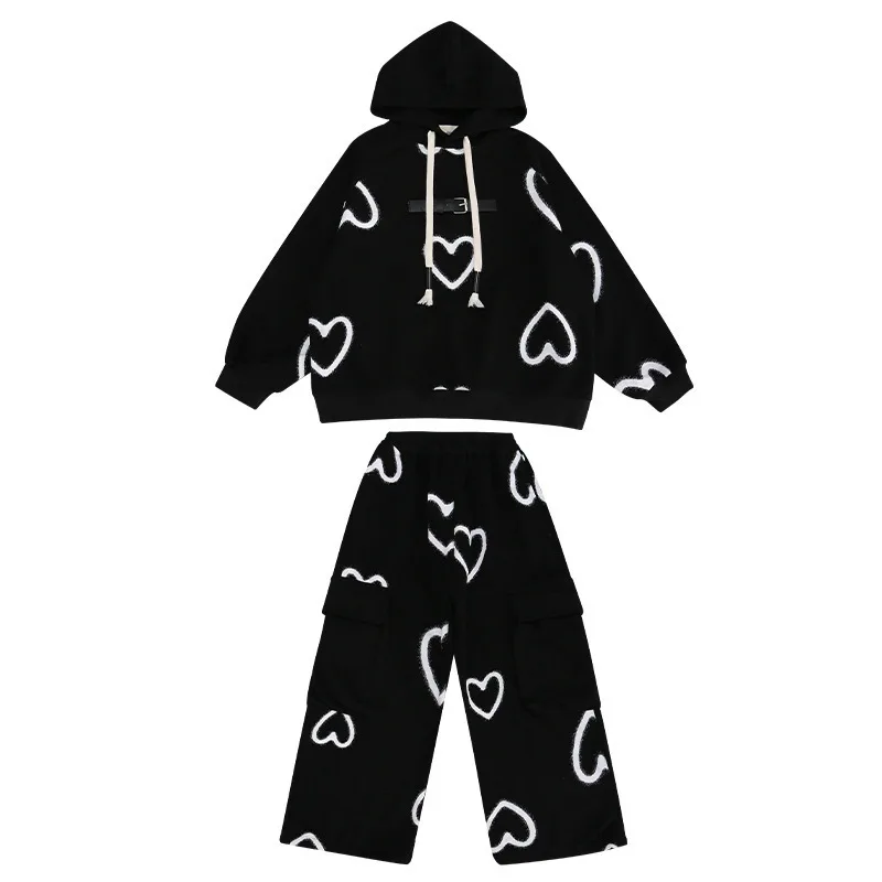 2024 autumn winter teenager kids girl Children set Clothes heart loose Hooded tracksuit + Casual pants 5 6 7 8 9 10 11 12 Year