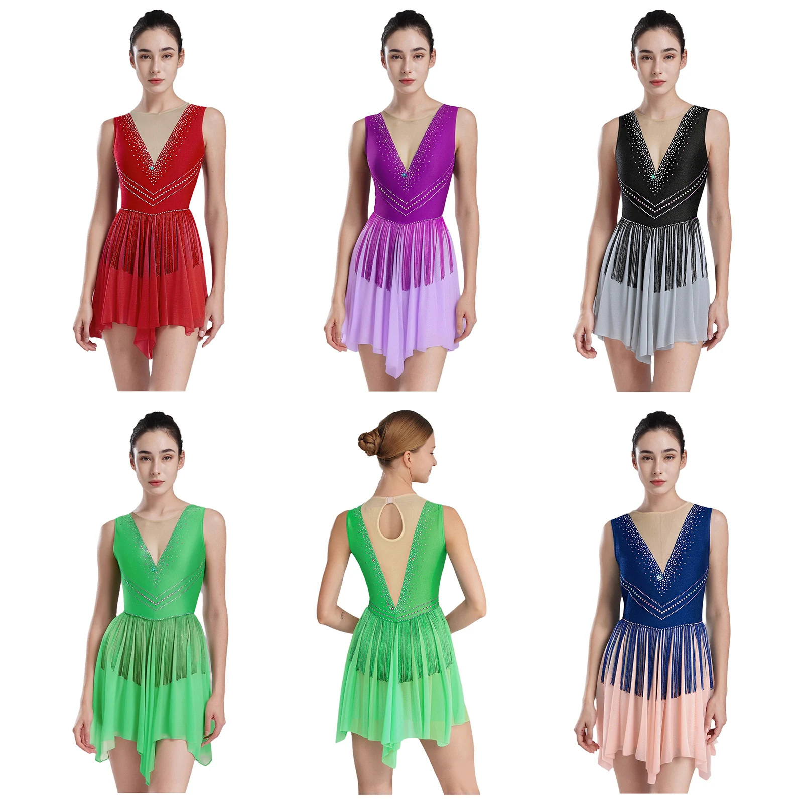 Vestido de baile rítmico latino de Ballet para mujer, vestido de patinaje artístico con borlas de diamantes de imitación, sin mangas, vestidos de Leotardos de malla de Color contrastante