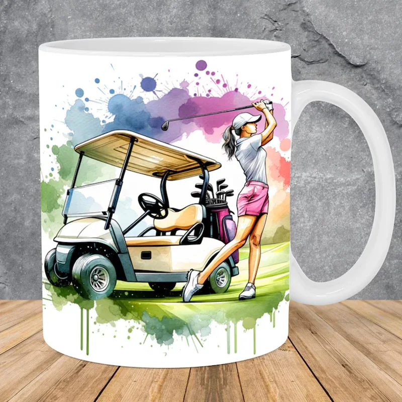 Watercolor Golfer Golf Cart Mug Wrap Template Golf Sublimation Design Mugs Wrap Coffee Cup Birthday Holiday Thanksgiving Gifts