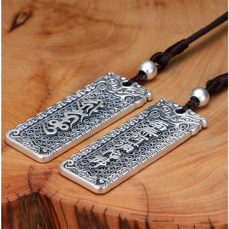Vintage Sanskrit Sutra Pendant Necklace For Men Jewelry Tibetan Silver Mantra Necklace Male Retro Nanno Amitabha Amulet Pendant