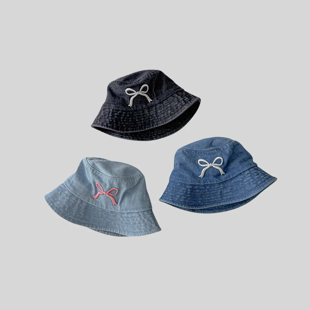 

Vintage Embroidered Bowknot Denim Bucket Hat Kids Girls Wide Brim Sun Protection Outdoor Travel Sun Cap
