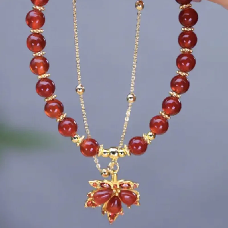 Retro Red Crystal Beaded Bracelet for Women Light Luxury Rhinestones Maple Leaf Pendant Bracelet Student Friendship Jewelry Gift