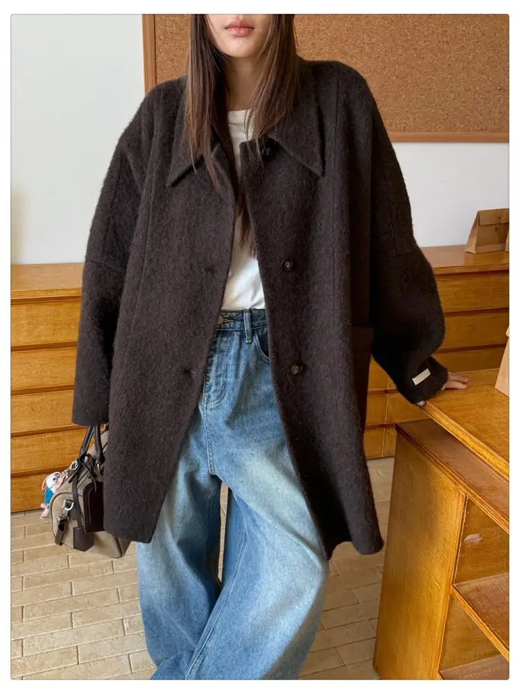 

Casual Lady's Short Alpaca Woolen Jackets 2025 Autumn And Winter High-End Lapel Single-Breasted Loose Women's Wool Coats