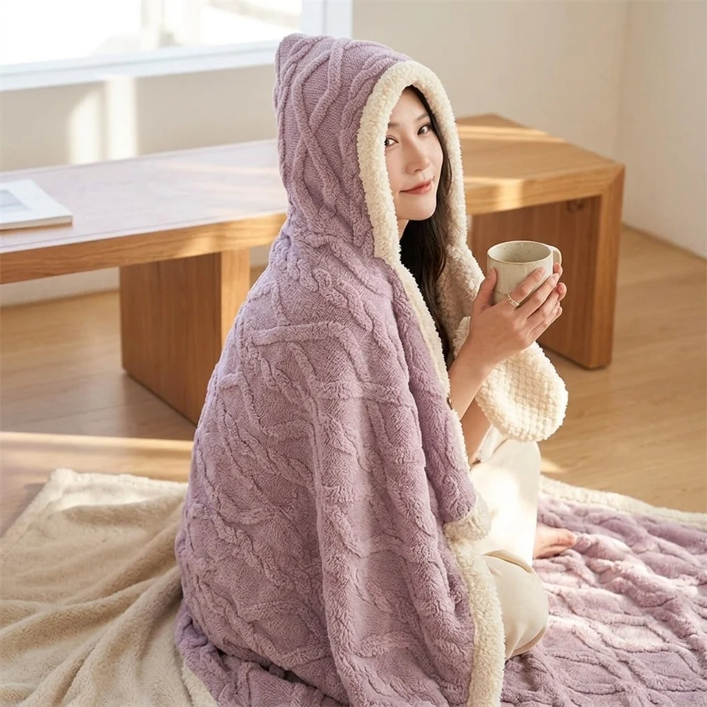 Wearable Hooded Blanket Cape Warm Shawl with Embossed Texture Throw for Home Office Travel Women Gift