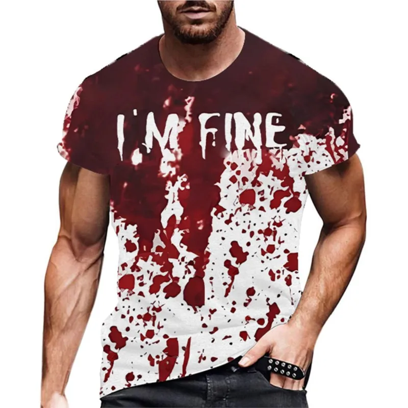 New Funny Men's Blood I'm Fine Halloween Print T-shirt Funny Blood Men's Fun O-Neck Casual Short
