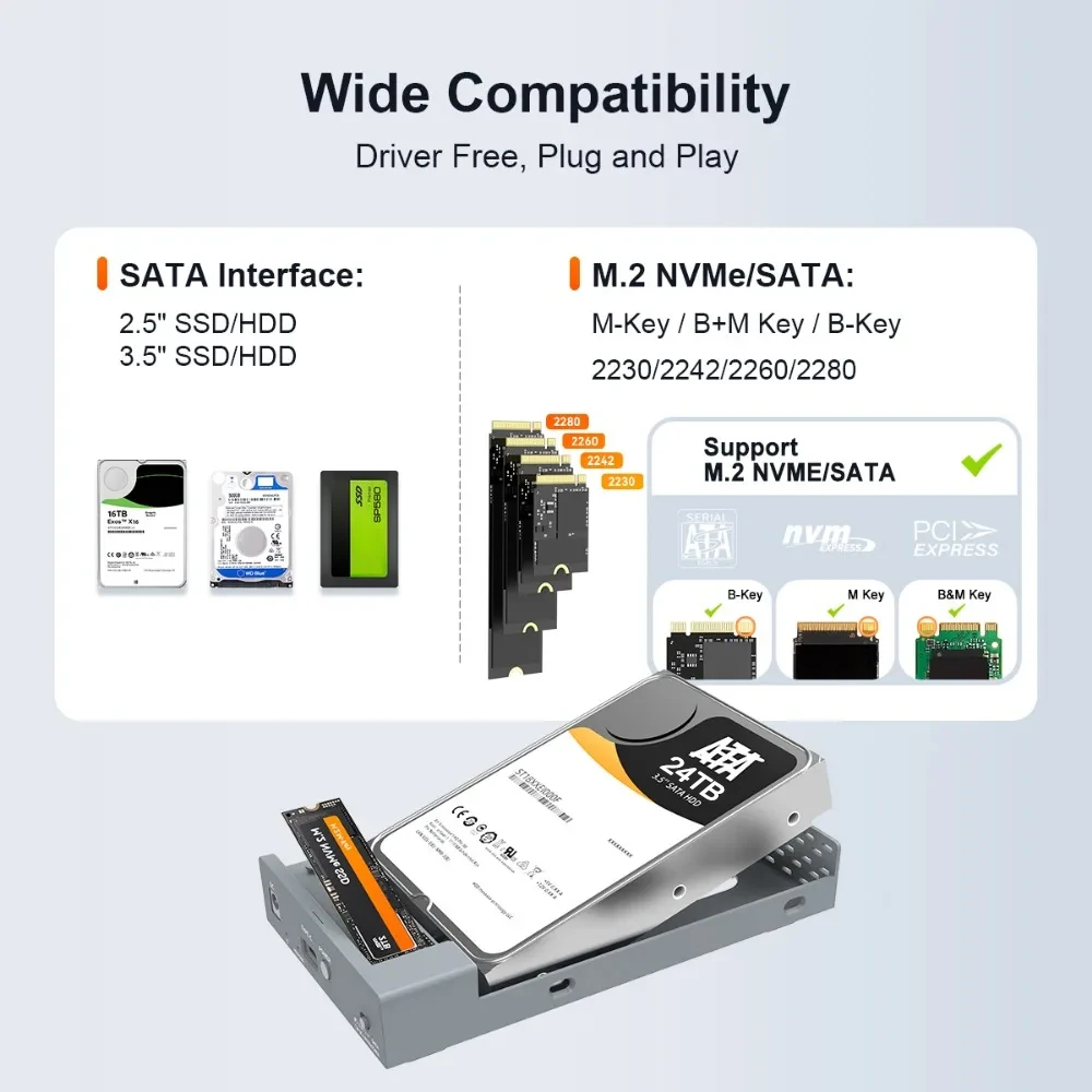 MAIWO 10Gbps M.2 NVMe SATA SSD Enclosure untuk Casing Hard Drive Eksternal 2.5 "3.5" Mendukung HDD/SDD 2230/42/60/80 dan 2.5/3.5 Inci