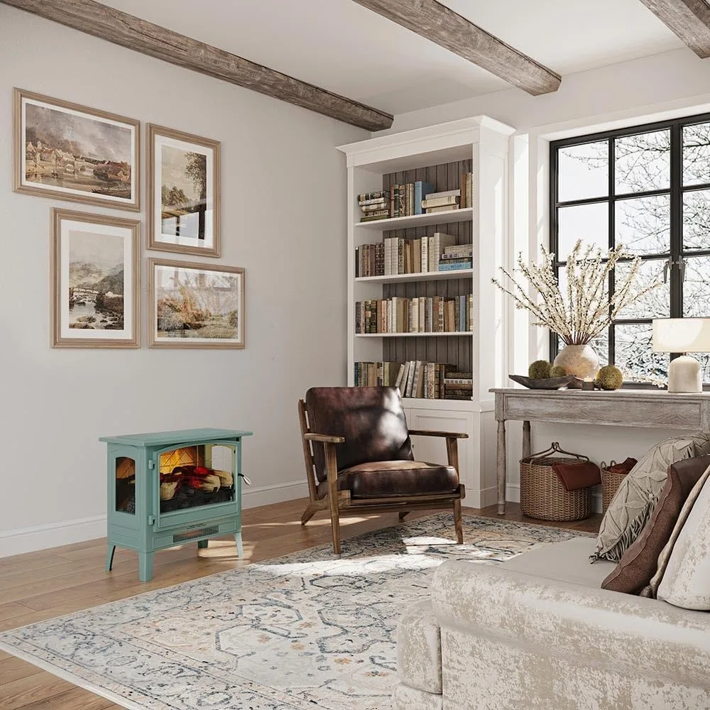 Infrared Freestanding Electric Fireplace Stove Heater in Mineral Blue | Provides Supplemental Zone Heat , Multiple Flame Colors