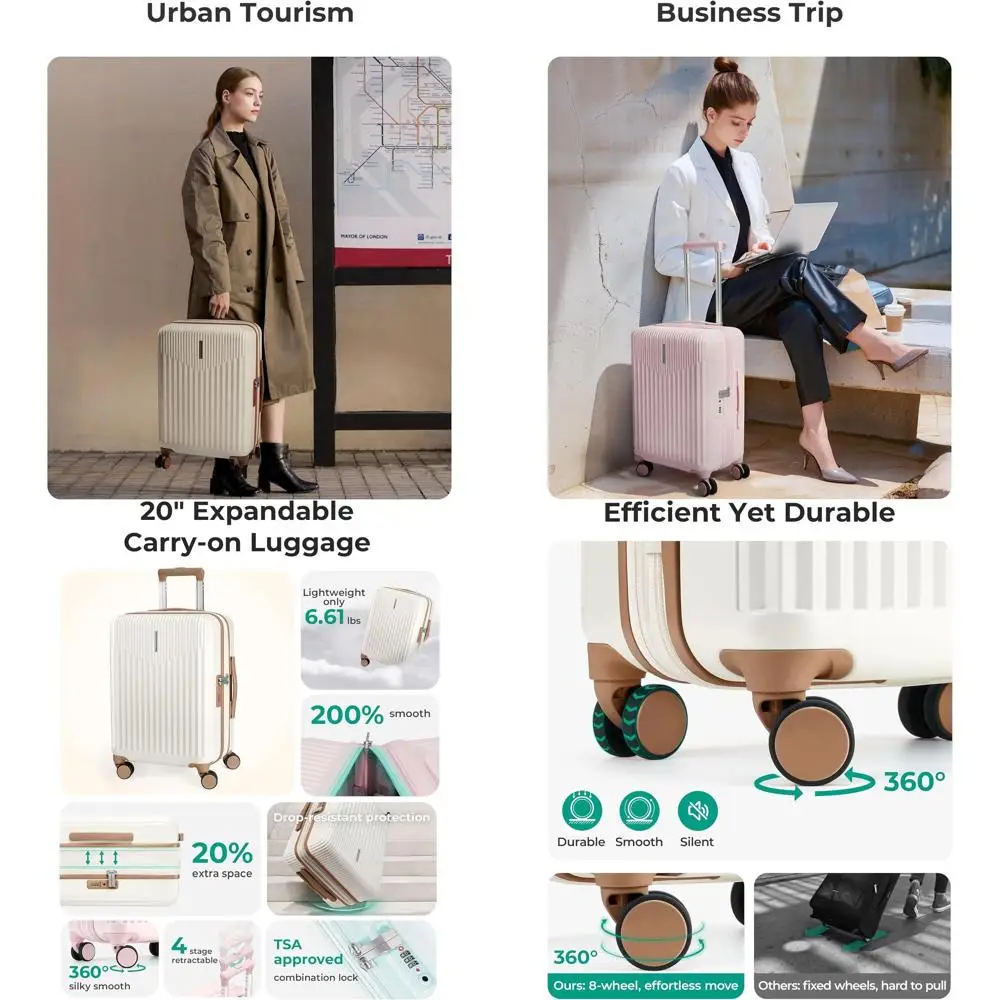 

20-дюймовый расширяемый чемодан-спиннер с твердой поверхностью и замком TSA, одобренный авиакомпанией, бежевый